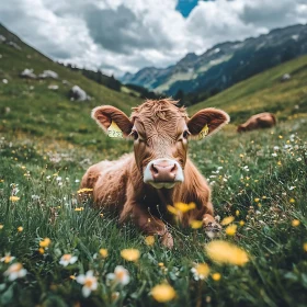 Resting Cow in Alpine Field