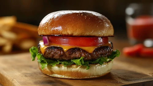 Juicy Burger with Cheese, Lettuce, Tomato and Onion