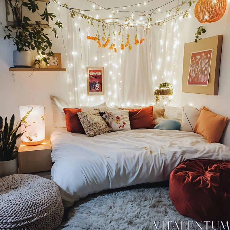 Warm Bedroom Interior with Pillows AI Image