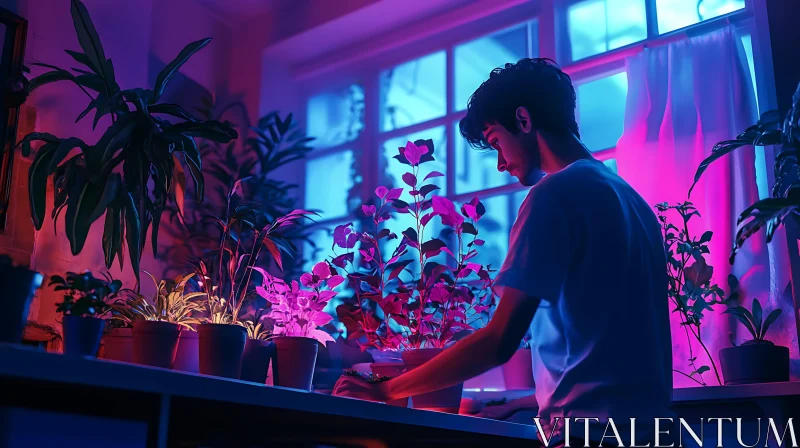 Man Caring for Plants in Neon Light AI Image