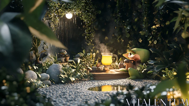 Peaceful Garden Tea with Frog Character AI Image