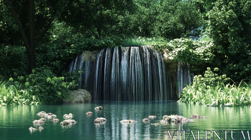 Peaceful Waterfall and Pond Landscape AI Image