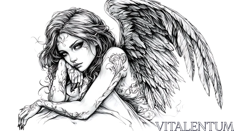 AI ART Monochrome Angel Resting with Tattooed Skin