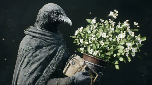 Mystic Crow Holding White Flowers Pot
