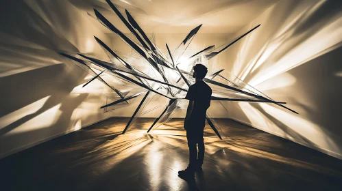 Man Observing Angular Abstract Art in Gallery