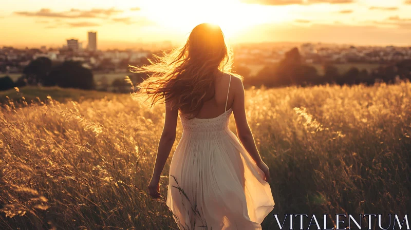 Woman Walking in Field at Sunset AI Image