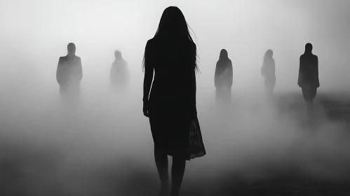 Monochrome Mystery: Woman in Fog