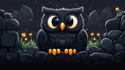 Adorable Owl in a Starry Night Cartoon