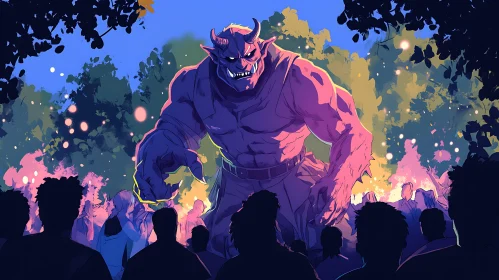 Purple Monster and Crowd Illustration