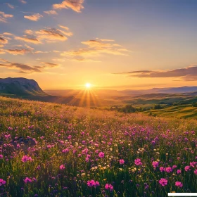 Sunset Over a Flower Meadow