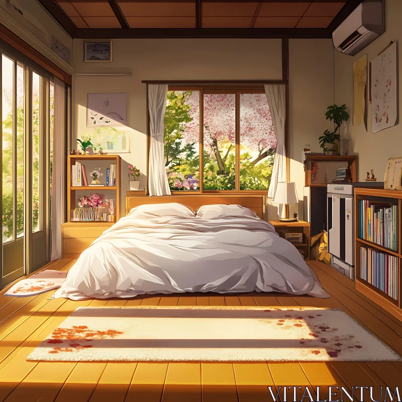 AI ART Sunlit Bedroom with Serene Tree View