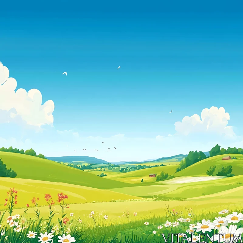 AI ART Green Hills and Blue Skies Landscape