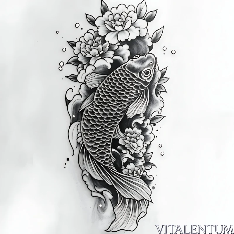 Intricate Koi Fish with Peony Flowers Tattoo AI Image