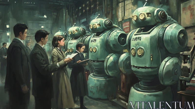 Vintage Robots Meeting with Humans AI Image