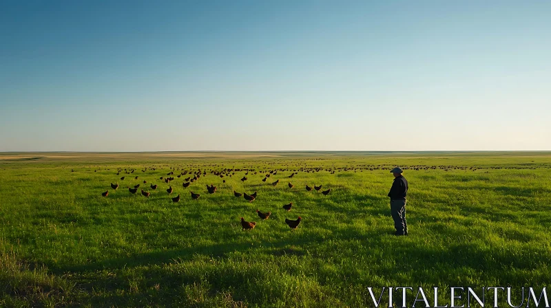 Chickens in Field with Farmer AI Image