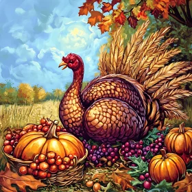 Autumn Harvest with Turkey and Fruits