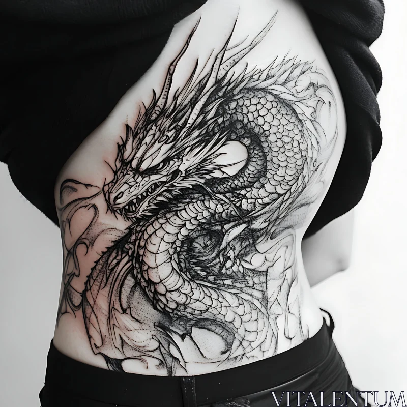 Detailed Black Ink Dragon Tattoo on Torso AI Image