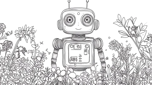 Monochrome Robot Among Flowers