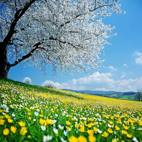 Spring Meadow with Blossoming Tree