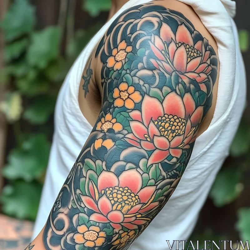 AI ART Detailed Lotus Flower Sleeve Tattoo