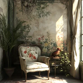 Floral Armchair with Bird Statue