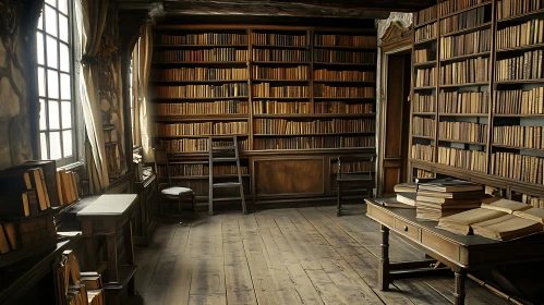 Antique Home Library With Wooden Shelves