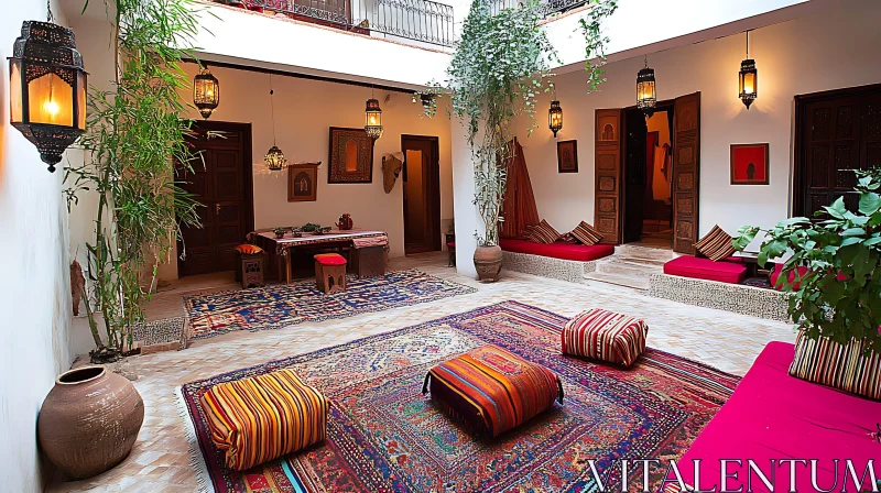 Indoor Moroccan Courtyard with Colorful Rugs AI Image