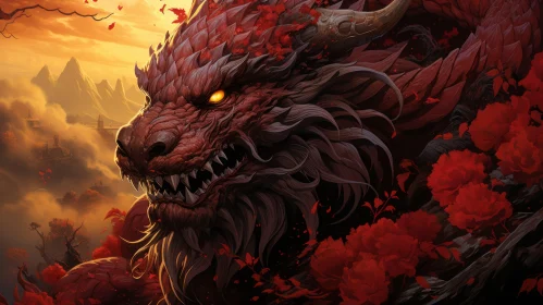 Crimson Dragon Amidst Fiery Blossoms: A Gothic Fantasy