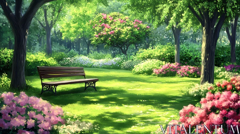 Tranquil Garden View with Shady Bench AI Image