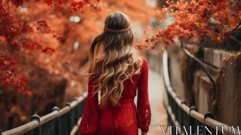 Ethereal Beauty: Red Dress Woman Walking on Autumn Bridge AI Image