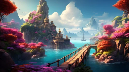 Fantasy Landscape with Mountain Bridge in Hindu Art Style