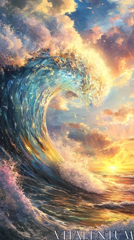 Sunlit Ocean Wave and Cloudy Sky Painting AI Image