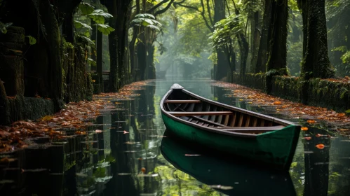 Green Boat on a Serene Pond - Mysterious Jungle Travel