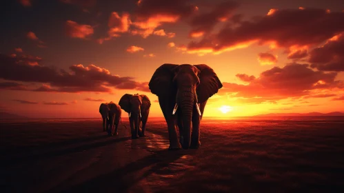 Photorealistic Journey of Elephants at Sunset