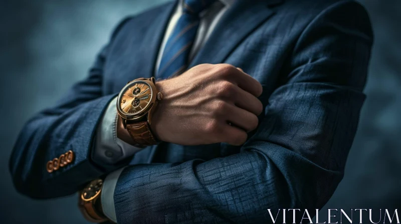 Sophisticated Man in Blue Suit with Brown Leather Watch AI Image