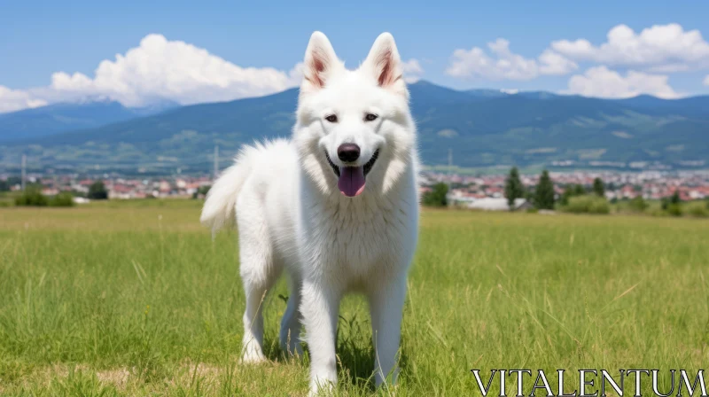 White Dog in Green Field - A Pastoral Scene AI Image