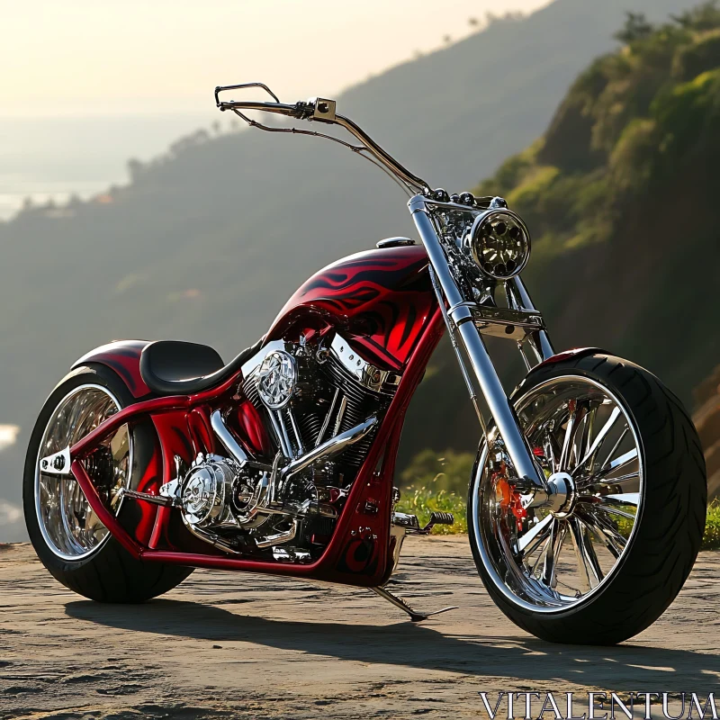 Chrome Motorcycle with Red Flames AI Image