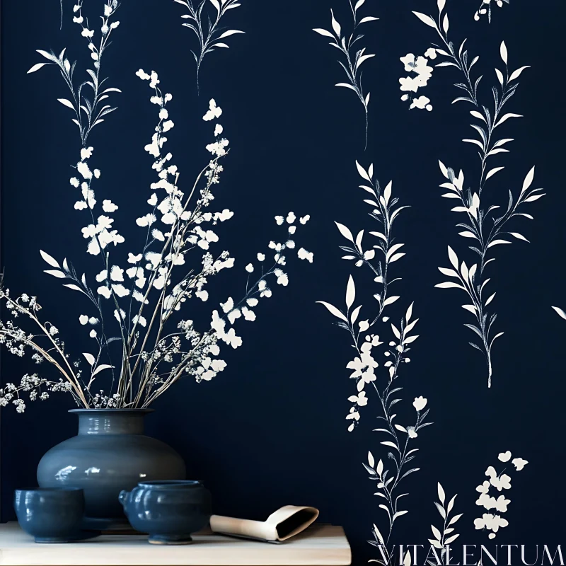 AI ART White Flowers on Dark Blue Background