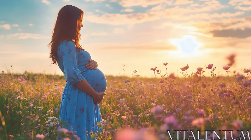 Pregnant Woman in Meadow at Sunset AI Image