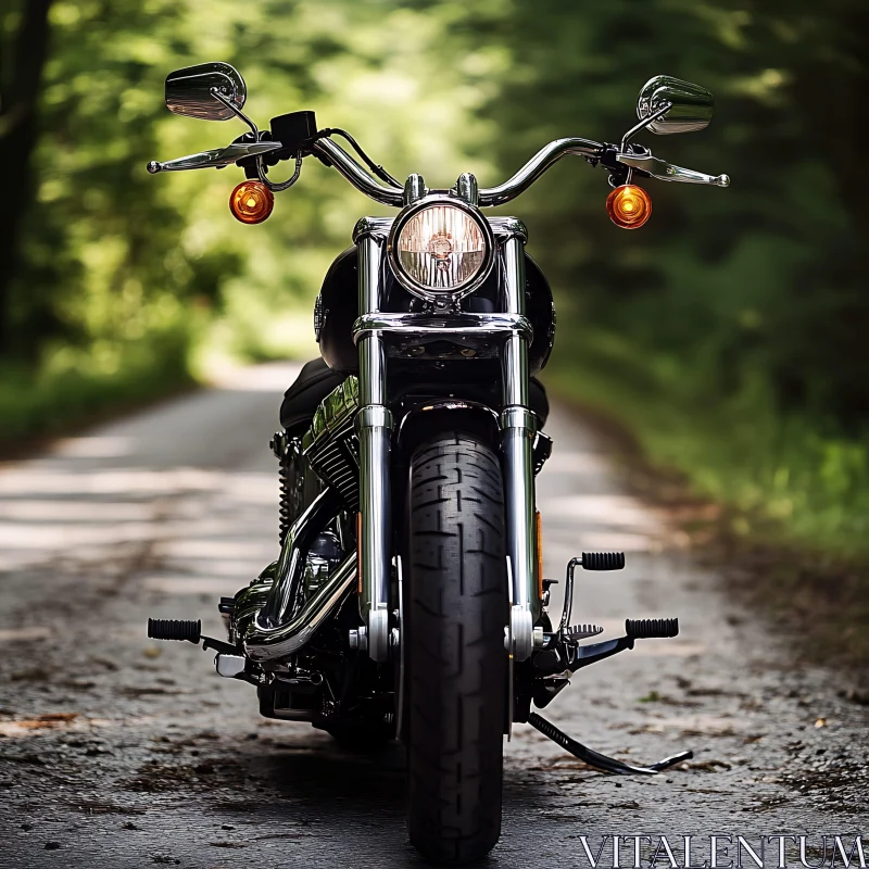 Chrome Motorcycle on Forest Road AI Image