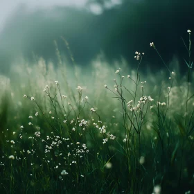 Peaceful Green Field with White Flowers