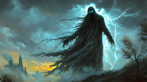 Shadowy Wraith Amidst Lightning Strikes