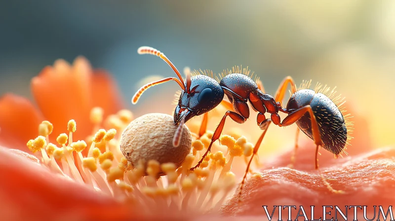 Detailed View of an Ant on a Flower with Pollen AI Image