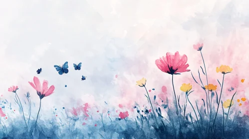 Watercolor Floral Meadow with Butterflies