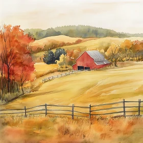 Watercolor Barn in Autumn Landscape