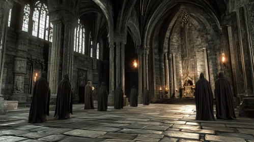 Cloaked Figures in Gothic Hall