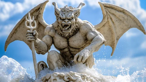 Stone Gargoyle Emerging from Water