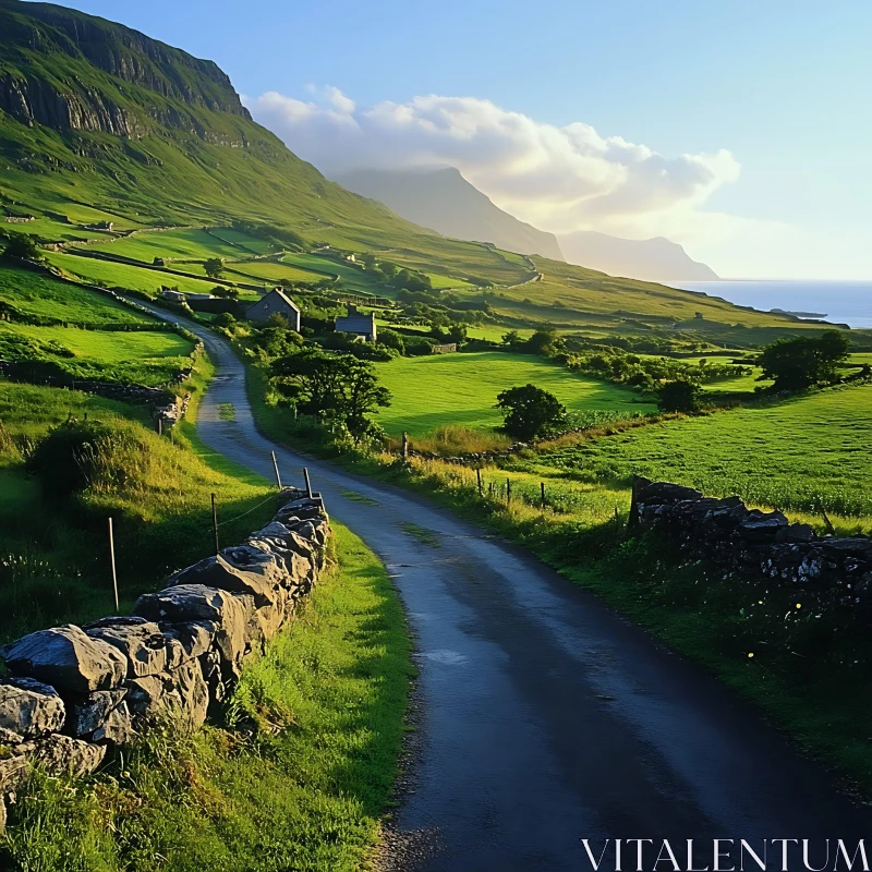 Verdant Hills and Winding Road AI Image