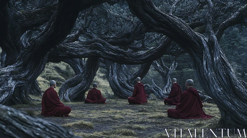 AI ART Meditative Monks Under Ancient Trees