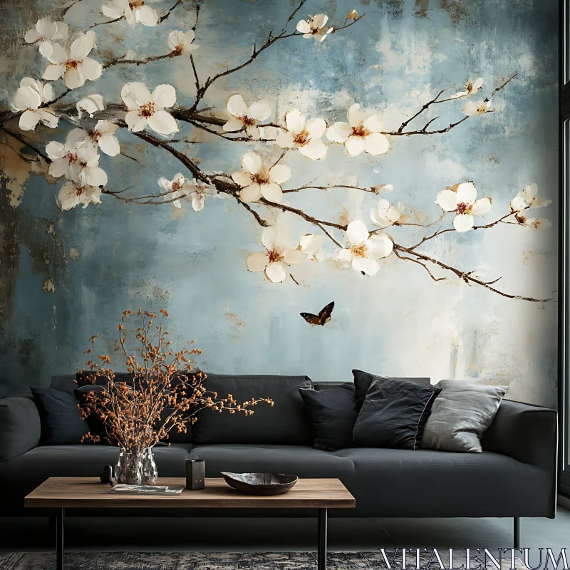 AI ART Blossom Branch Painting in Modern Interior